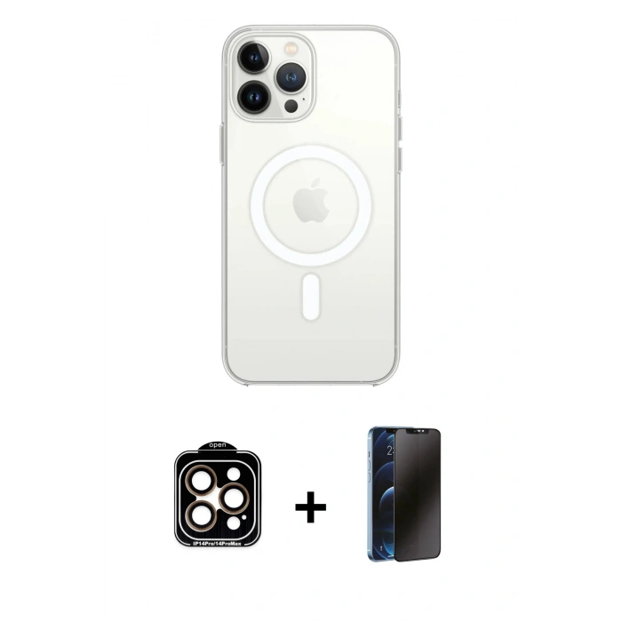 MARSİLYAN™- iPhone 15 Pro Max Kılıf Ahenk Yansıma Prime - Siyah 3D Antistatik Hayalet Cam Ekran Koruyucu + PVD Metal Kamera Lens - TU