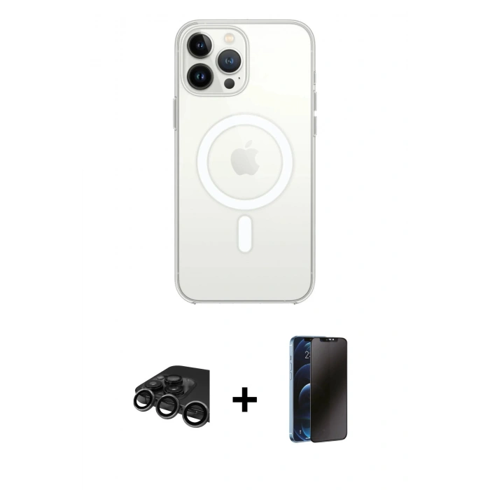 MARSİLYAN™- iPhone 15 Pro Max Kılıf Ahenk Yansıma Prime - Siyah 3D Antistatik Hayalet Cam Ekran Koruyucu + Raze Metal Kamera Lens - TMGI