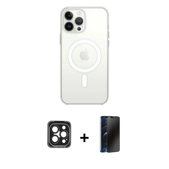 MARSİLYAN™- iPhone 15 Pro Max Kılıf Ahenk Yansıma Prime - Siyah 3D Antistatik Hayalet Cam Ekran Koruyucu + PVD Metal Kamera Lens - SH