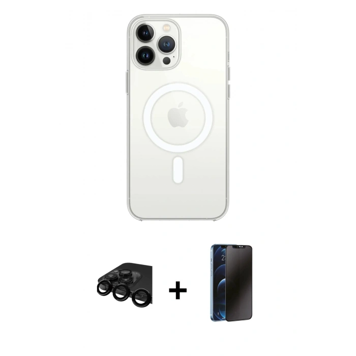 MARSİLYAN™- iPhone 15 Pro Max Kılıf Ahenk Yansıma Prime - Siyah 3D Antistatik Hayalet Cam Ekran Koruyucu + Raze Metal Kamera Lens - SH