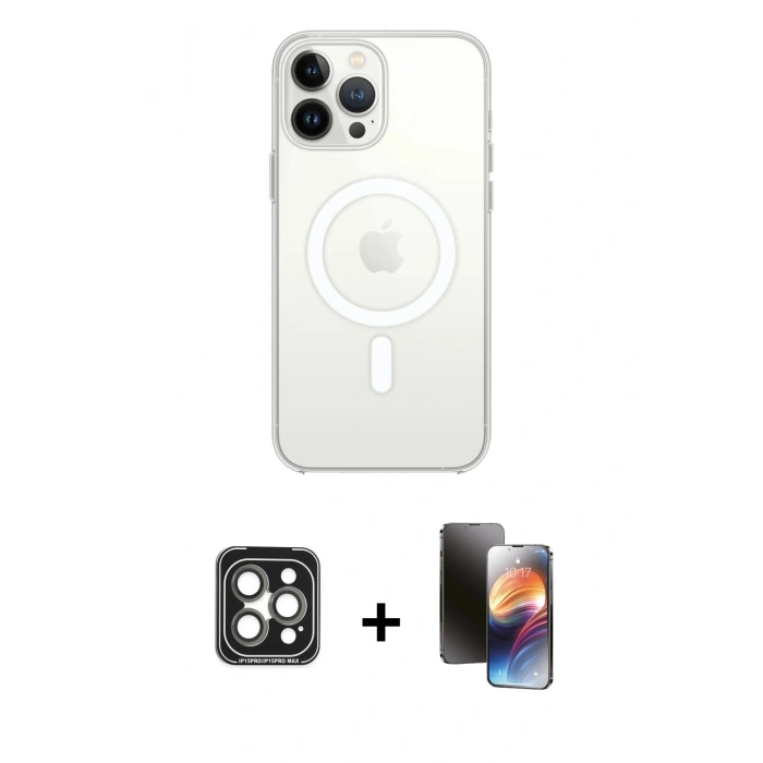MARSİLYAN™- iPhone 15 Pro Max Kılıf Ahenk Yansıma Prime - Siyah 3D Antistatik Mat Seramik Nano Ekran Koruyucu + PVD Metal Kamera Lens - GI