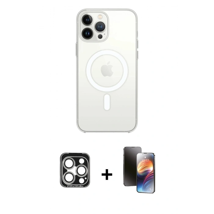 MARSİLYAN™- iPhone 15 Pro Max Kılıf Ahenk Yansıma Prime - Siyah 3D Antistatik Mat Seramik Nano Ekran Koruyucu + PVD Metal Kamera Lens - GS