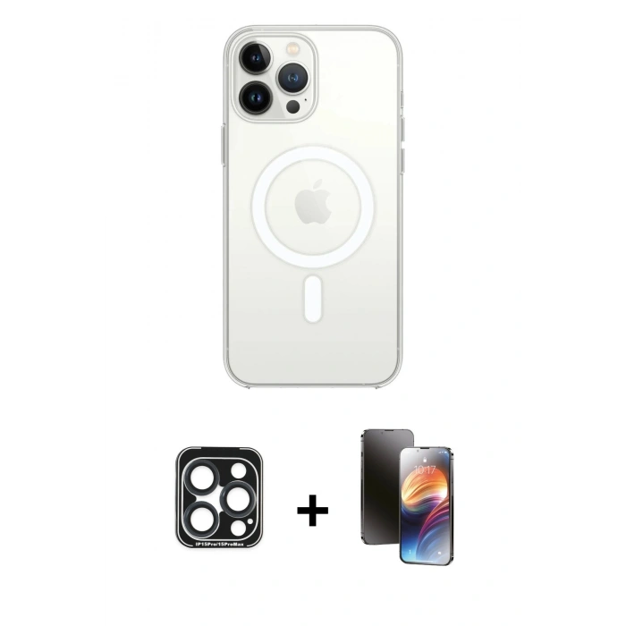 MARSİLYAN™- iPhone 15 Pro Max Kılıf Ahenk Yansıma Prime - Siyah 3D Antistatik Mat Seramik Nano Ekran Koruyucu + PVD Metal Kamera Lens - LT