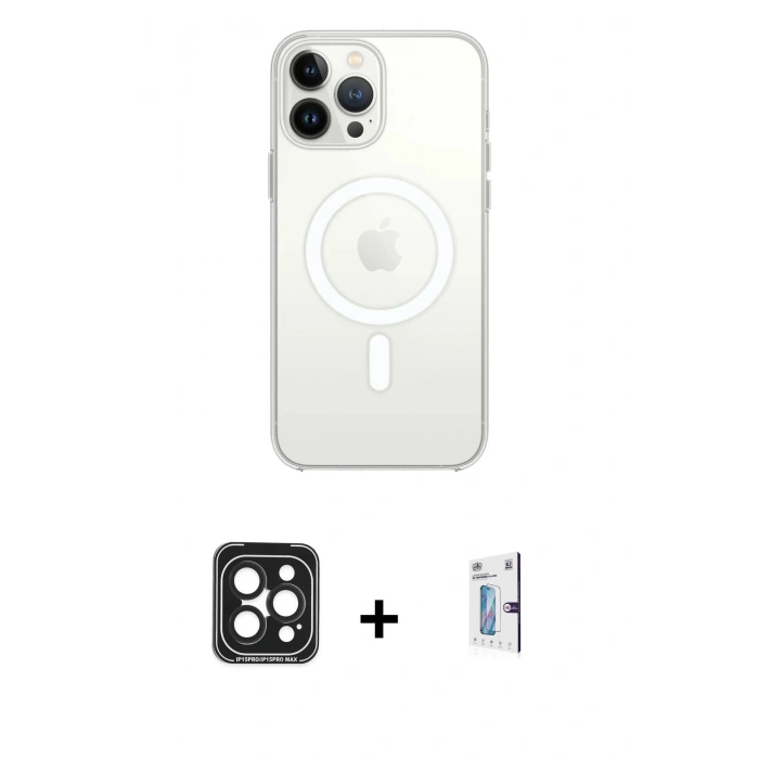 MARSİLYAN™- iPhone 15 Pro Max Kılıf Ahenk Yansıma Prime - Siyah Bilvis 0.18mm Plus Cam Ekran Koruyucu + PVD Metal Kamera Lens - SH