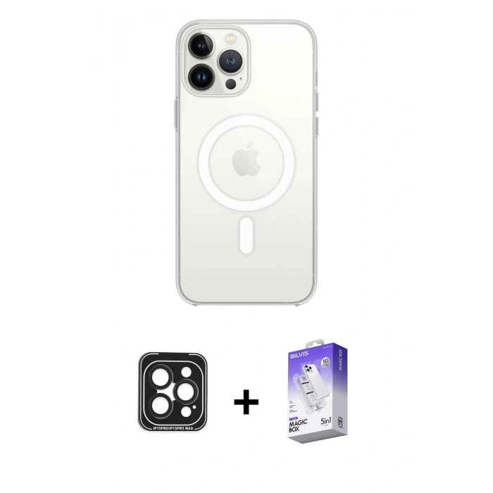 MARSİLYAN™- iPhone 15 Pro Max Kılıf Ahenk Yansıma Prime - Siyah Bilvis 5in1 3D Magic Cam Ekran Koruyucu + PVD Metal Kamera Lens - SH