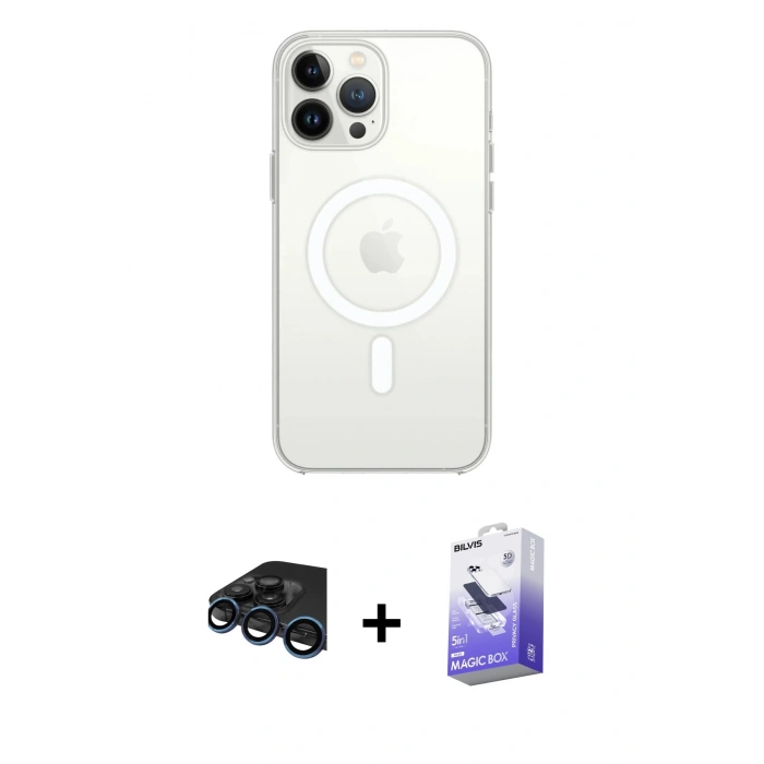 MARSİLYAN™- iPhone 15 Pro Max Kılıf Ahenk Yansıma Prime - Siyah Bilvis 5in1 5D Magic Hayalet Cam Ekran Koruyucu + Raze Metal Kamera Lens - LT
