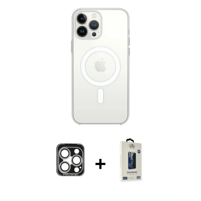 MARSİLYAN™- iPhone 15 Pro Max Kılıf Ahenk Yansıma Prime - Siyah Bilvis Hayalet Cam Ekran Koruyucu + PVD Metal Kamera Lens - GS