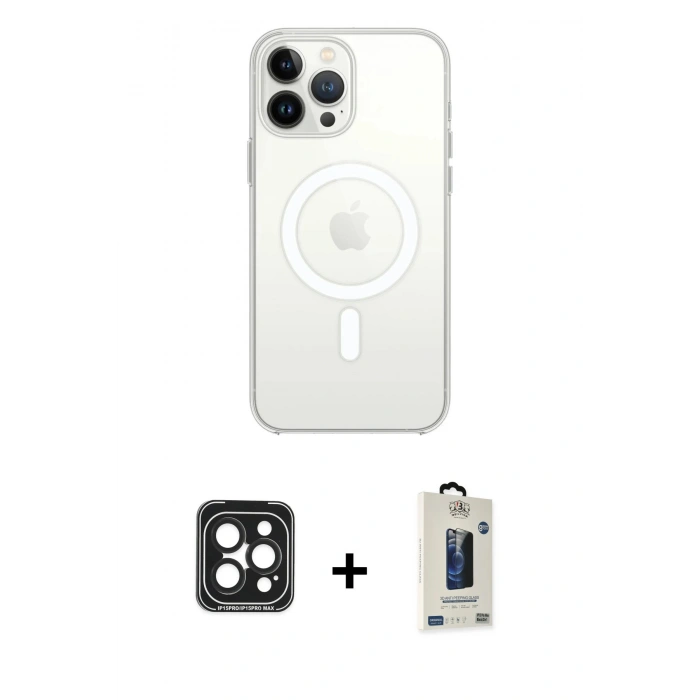 MARSİLYAN™- iPhone 15 Pro Max Kılıf Ahenk Yansıma Prime - Siyah Bilvis Hayalet Cam Ekran Koruyucu + PVD Metal Kamera Lens - SH