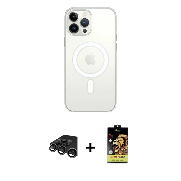 MARSİLYAN™- iPhone 15 Pro Max Kılıf Ahenk Yansıma Prime - Siyah Buffer Cam Ekran Koruyucu + Raze Metal Kamera Lens - TMGI
