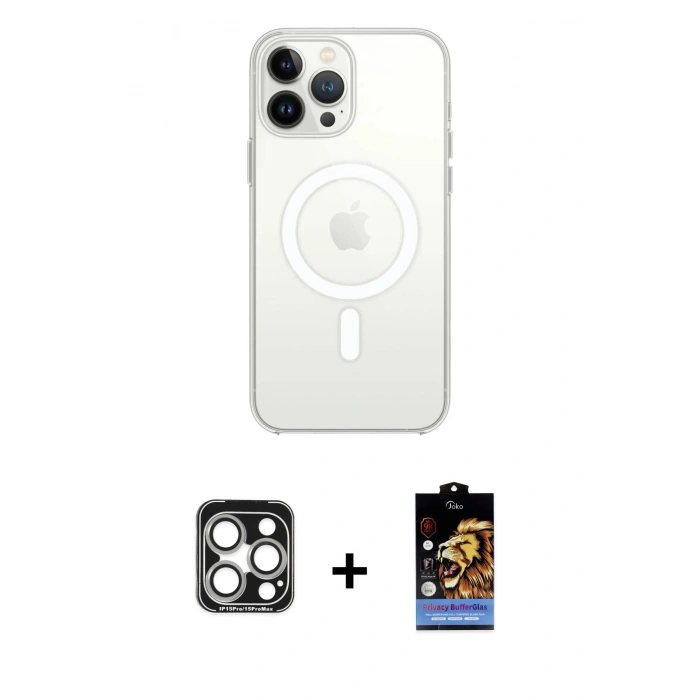 MARSİLYAN™- iPhone 15 Pro Max Kılıf Ahenk Yansıma Prime - Siyah Buffer Hayalet Cam Ekran Koruyucu + PVD Metal Kamera Lens - GS