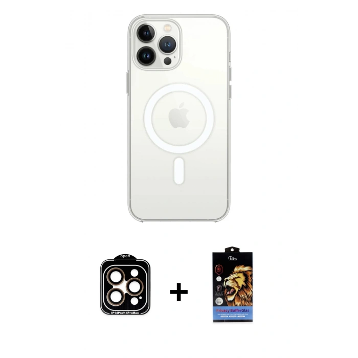 MARSİLYAN™- iPhone 15 Pro Max Kılıf Ahenk Yansıma Prime - Siyah Buffer Hayalet Cam Ekran Koruyucu + PVD Metal Kamera Lens - TU