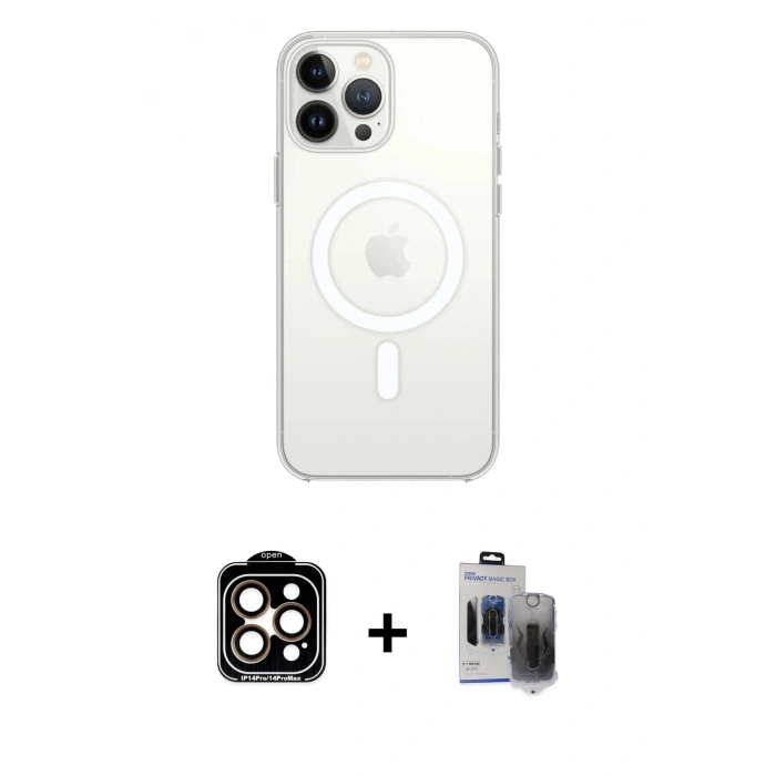 MARSİLYAN™- iPhone 15 Pro Max Kılıf Ahenk Yansıma Prime - Siyah Vanessa Magic Hayalet Cam + Turuncu PVD Metal Kamera Lens