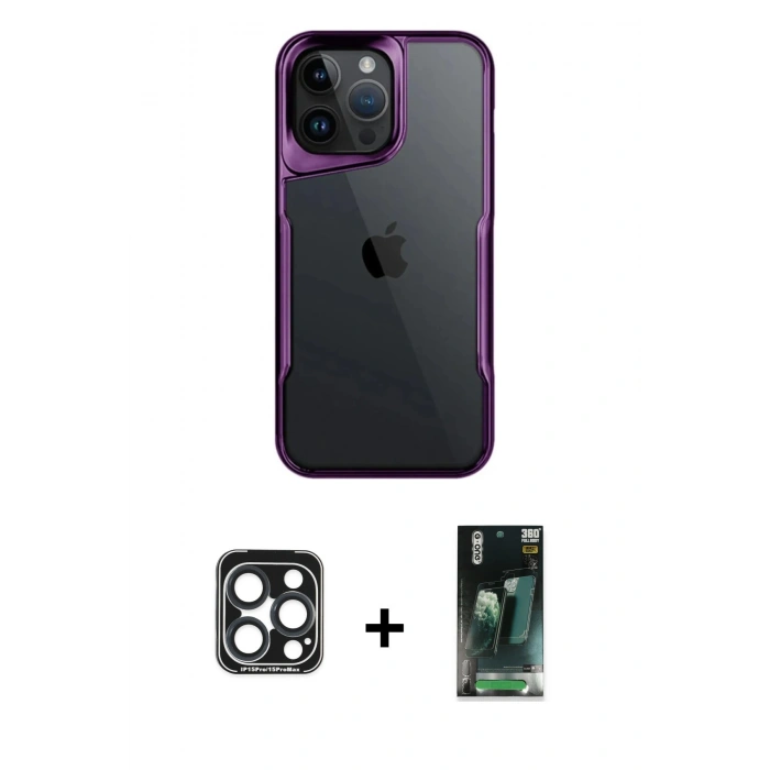 MARSİLYAN™- iPhone 15 Pro Max Kılıf Akış Çizgi Koleksiyonu - Şeffaf 360 Full Body Arka Koruyucu + PVD Metal Kamera Lens - LT