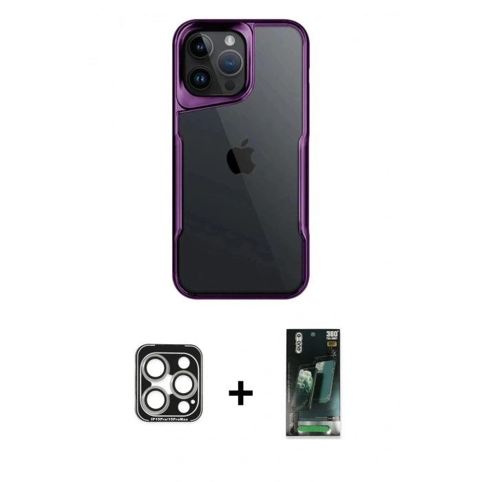 MARSİLYAN™- iPhone 15 Pro Max Kılıf Akış Çizgi Koleksiyonu - Şeffaf 360 Full Body Arka Koruyucu + PVD Metal Kamera Lens - GS