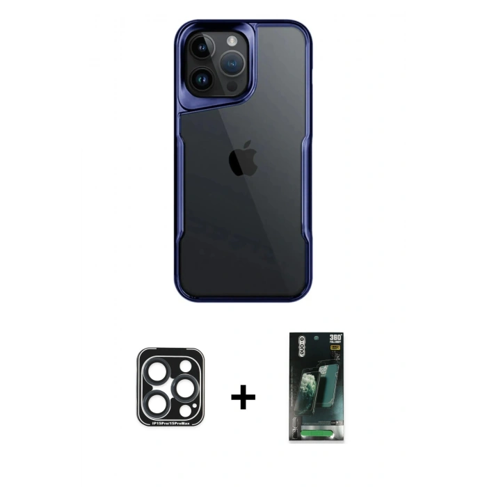 MARSİLYAN™- iPhone 15 Pro Max Kılıf Akış Çizgi Koleksiyonu - Şeffaf 360 Full Body Arka Koruyucu + PVD Metal Kamera Lens - LT