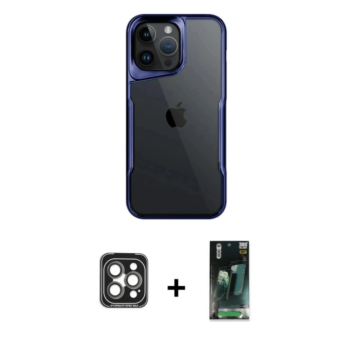 MARSİLYAN™- iPhone 15 Pro Max Kılıf Akış Çizgi Koleksiyonu - Şeffaf 360 Full Body Arka Koruyucu + PVD Metal Kamera Lens - GI