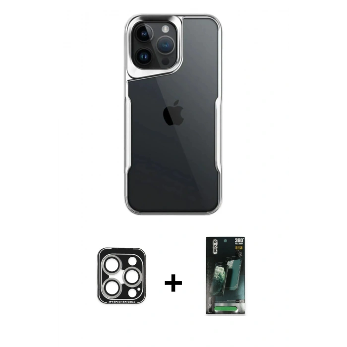 MARSİLYAN™- iPhone 15 Pro Max Kılıf Akış Çizgi Koleksiyonu - Şeffaf 360 Full Body Arka Koruyucu + PVD Metal Kamera Lens - GS