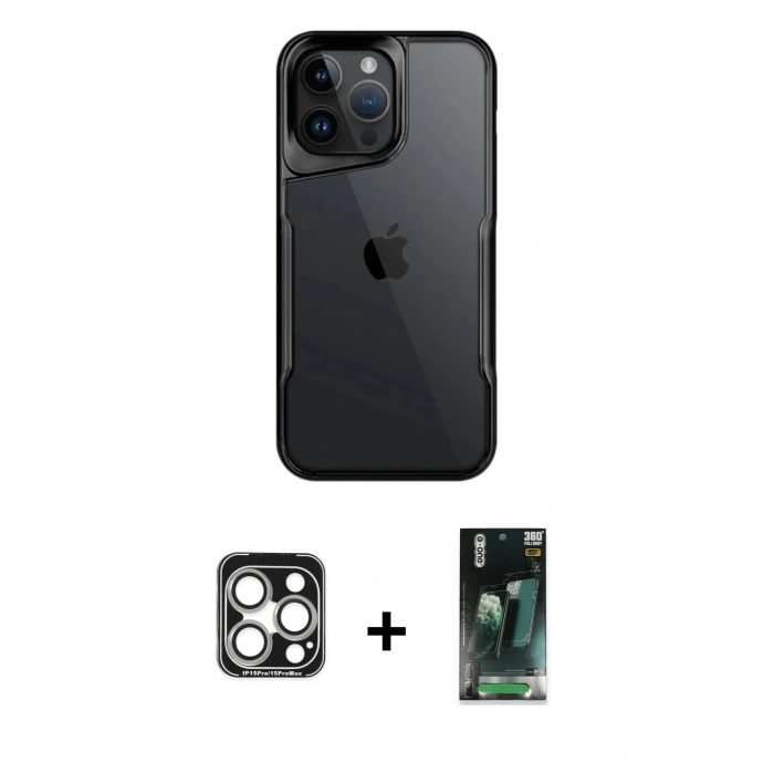 MARSİLYAN™- iPhone 15 Pro Max Kılıf Akış Çizgi Koleksiyonu - Şeffaf 360 Full Body Arka Koruyucu + PVD Metal Kamera Lens - GS