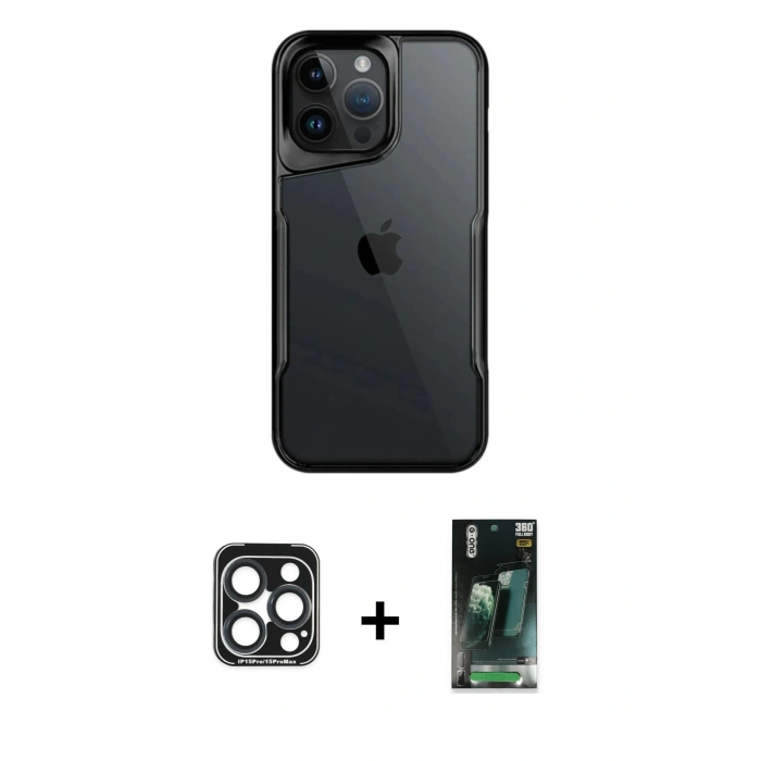 MARSİLYAN™- iPhone 15 Pro Max Kılıf Akış Çizgi Koleksiyonu - Şeffaf 360 Full Body Arka Koruyucu + PVD Metal Kamera Lens - LT
