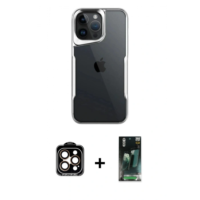 MARSİLYAN™- iPhone 15 Pro Max Kılıf Akış Çizgi Koleksiyonu - Şeffaf 360 Full Body Arka Koruyucu + PVD Metal Kamera Lens - TU