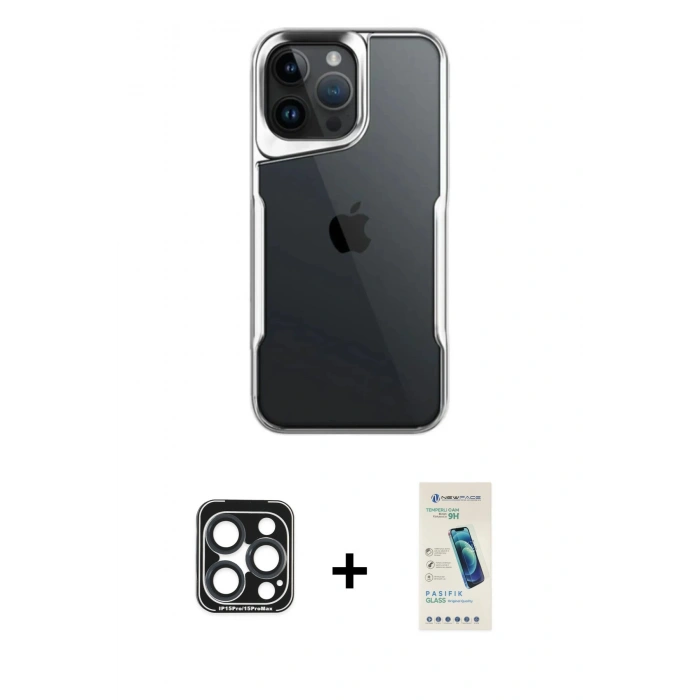 MARSİLYAN™- iPhone 15 Pro Max Kılıf Akış Çizgi Koleksiyonu - Şeffaf Pasifik Cam Ekran Koruyucu + PVD Metal Kamera Lens - LT