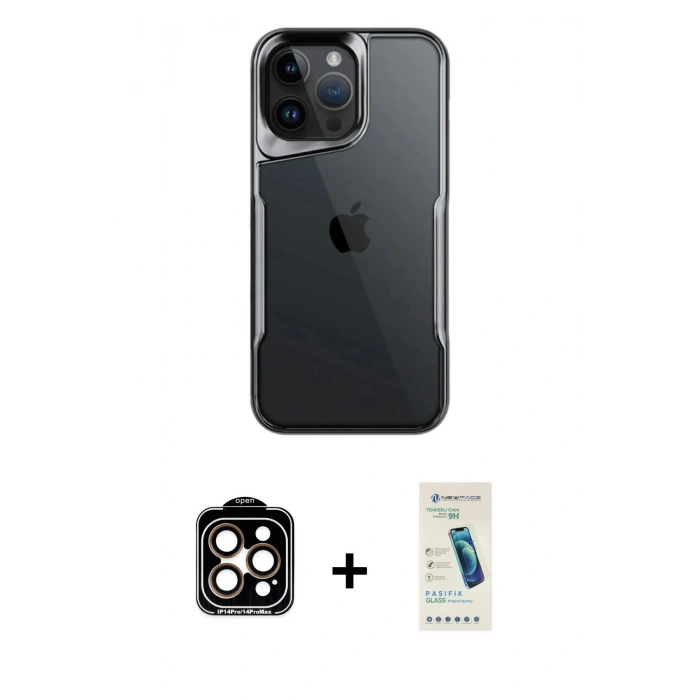 MARSİLYAN™- iPhone 15 Pro Max Kılıf Akış Çizgi Koleksiyonu - Şeffaf Pasifik Cam Ekran Koruyucu + PVD Metal Kamera Lens - TU
