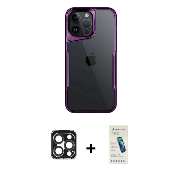 MARSİLYAN™- iPhone 15 Pro Max Kılıf Akış Çizgi Koleksiyonu - Şeffaf Pasifik Cam Ekran Koruyucu + PVD Metal Kamera Lens - LT