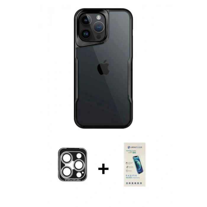 MARSİLYAN™- iPhone 15 Pro Max Kılıf Akış Çizgi Koleksiyonu - Şeffaf Pasifik Cam Ekran Koruyucu + PVD Metal Kamera Lens - GS