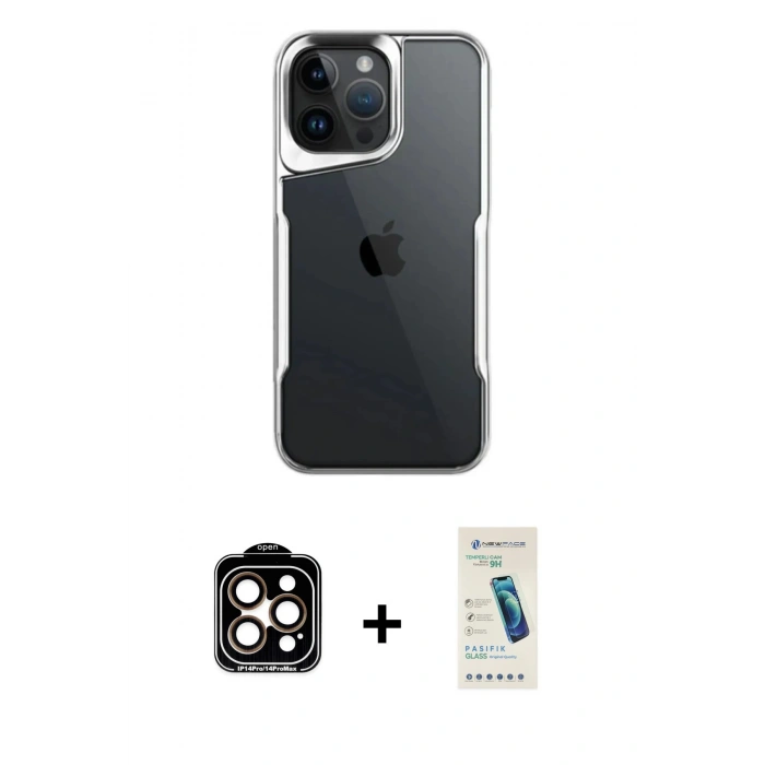 MARSİLYAN™- iPhone 15 Pro Max Kılıf Akış Çizgi Koleksiyonu - Şeffaf Pasifik Cam Ekran Koruyucu + PVD Metal Kamera Lens - TU
