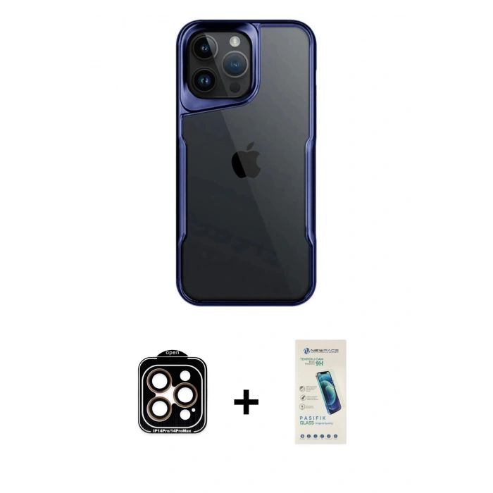 MARSİLYAN™- iPhone 15 Pro Max Kılıf Akış Çizgi Koleksiyonu - Şeffaf Pasifik Cam Ekran Koruyucu + PVD Metal Kamera Lens - TU