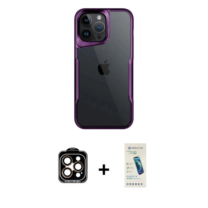 MARSİLYAN™- iPhone 15 Pro Max Kılıf Akış Çizgi Koleksiyonu - Şeffaf Pasifik Cam Ekran Koruyucu + PVD Metal Kamera Lens - TU
