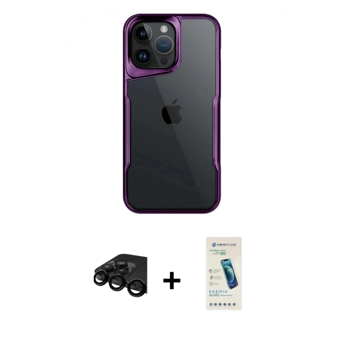 MARSİLYAN™- iPhone 15 Pro Max Kılıf Akış Çizgi Koleksiyonu - Şeffaf Pasifik Cam Ekran Koruyucu + Raze Metal Kamera Lens - SH