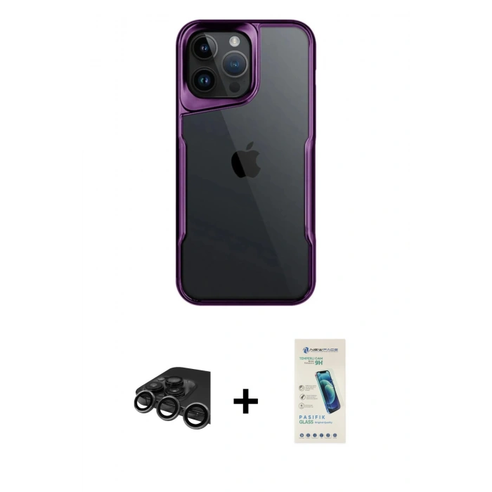 MARSİLYAN™- iPhone 15 Pro Max Kılıf Akış Çizgi Koleksiyonu - Şeffaf Pasifik Cam Ekran Koruyucu + Raze Metal Kamera Lens - TMGI