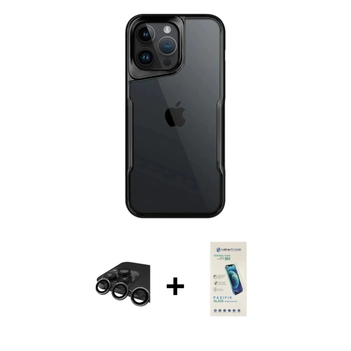 MARSİLYAN™- iPhone 15 Pro Max Kılıf Akış Çizgi Koleksiyonu - Şeffaf Pasifik Cam Ekran Koruyucu + Raze Metal Kamera Lens - TMGI