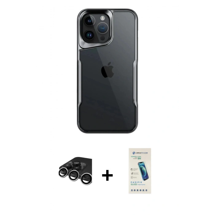 MARSİLYAN™- iPhone 15 Pro Max Kılıf Akış Çizgi Koleksiyonu - Şeffaf Pasifik Cam Ekran Koruyucu + Raze Metal Kamera Lens - GS