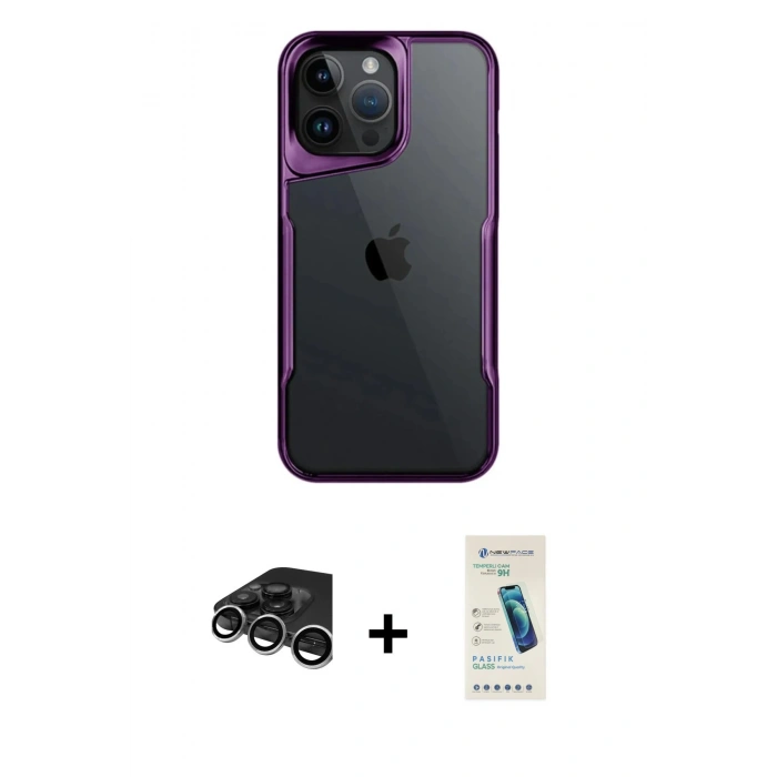 MARSİLYAN™- iPhone 15 Pro Max Kılıf Akış Çizgi Koleksiyonu - Şeffaf Pasifik Cam Ekran Koruyucu + Raze Metal Kamera Lens - GS