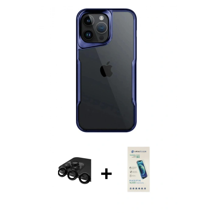 MARSİLYAN™- iPhone 15 Pro Max Kılıf Akış Çizgi Koleksiyonu - Şeffaf Pasifik Cam Ekran Koruyucu + Raze Metal Kamera Lens - SH