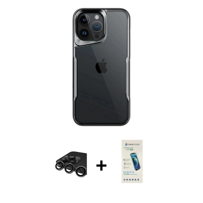 MARSİLYAN™- iPhone 15 Pro Max Kılıf Akış Çizgi Koleksiyonu - Şeffaf Pasifik Cam Ekran Koruyucu + Raze Metal Kamera Lens - TMGI