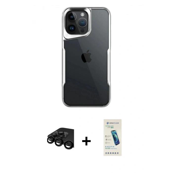 MARSİLYAN™- iPhone 15 Pro Max Kılıf Akış Çizgi Koleksiyonu - Şeffaf Pasifik Cam Ekran Koruyucu + Raze Metal Kamera Lens - SH