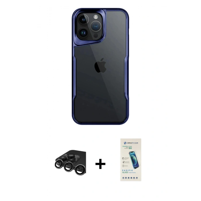 MARSİLYAN™- iPhone 15 Pro Max Kılıf Akış Çizgi Koleksiyonu - Şeffaf Pasifik Cam Ekran Koruyucu + Raze Metal Kamera Lens - TMGI