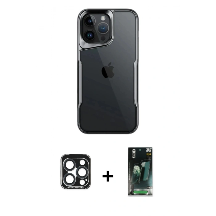 MARSİLYAN™- iPhone 15 Pro Max Kılıf Akış Çizgi Koleksiyonu - Siyah 360 Mat Full Body Arka Koruyucu + PVD Metal Kamera Lens - LT