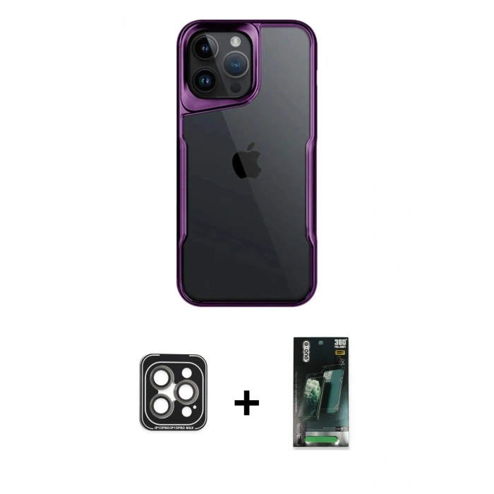 MARSİLYAN™- iPhone 15 Pro Max Kılıf Akış Çizgi Koleksiyonu - Siyah 360 Mat Full Body Arka Koruyucu + PVD Metal Kamera Lens - GI