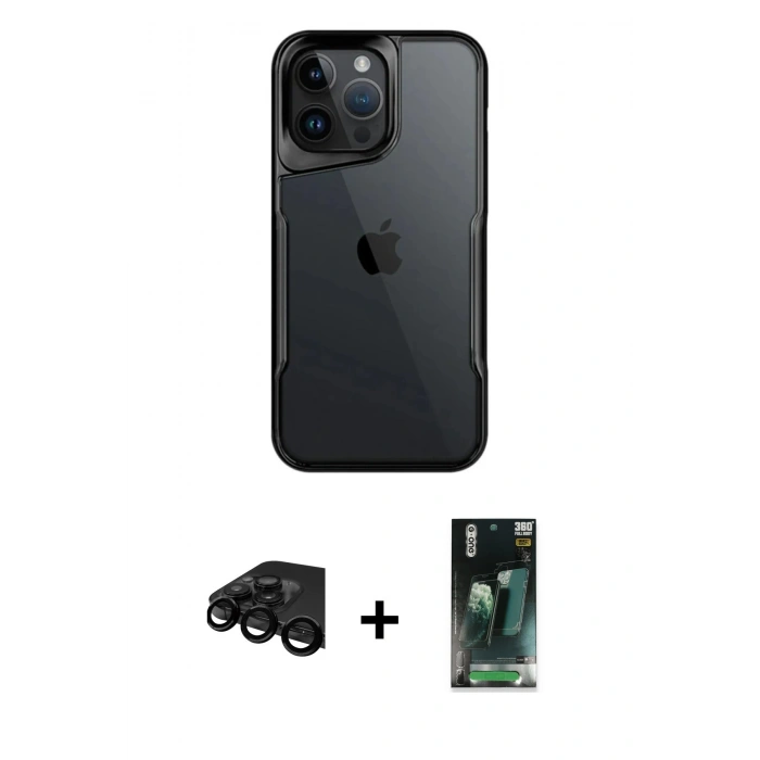 MARSİLYAN™- iPhone 15 Pro Max Kılıf Akış Çizgi Koleksiyonu - Siyah 360 Mat Full Body Arka Koruyucu + Raze Metal Kamera Lens - SH