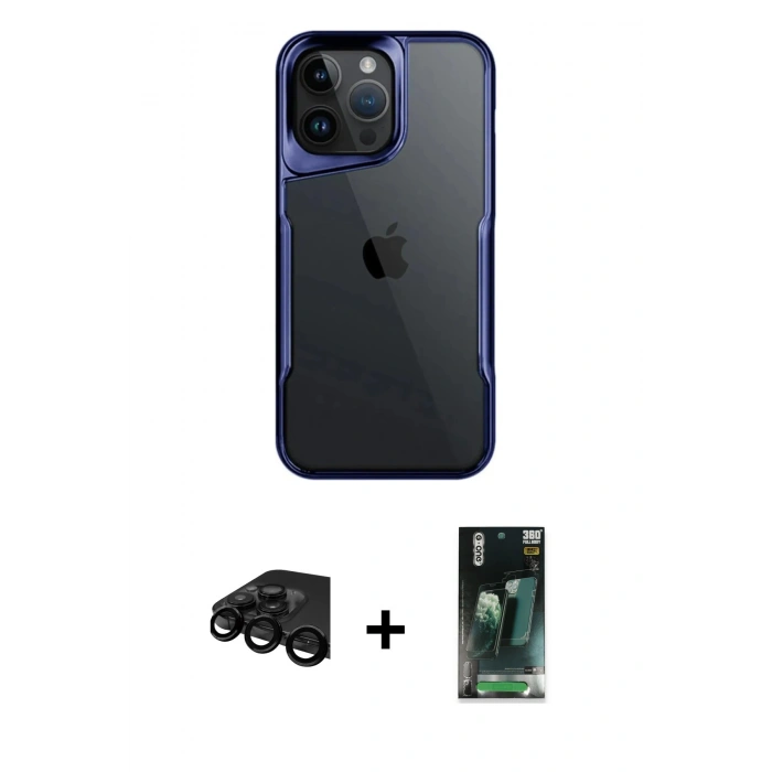 MARSİLYAN™- iPhone 15 Pro Max Kılıf Akış Çizgi Koleksiyonu - Siyah 360 Mat Full Body Arka Koruyucu + Raze Metal Kamera Lens - SH
