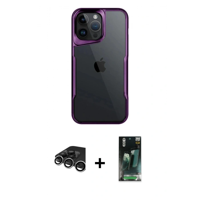 MARSİLYAN™- iPhone 15 Pro Max Kılıf Akış Çizgi Koleksiyonu - Siyah 360 Mat Full Body Arka Koruyucu + Raze Metal Kamera Lens - GS