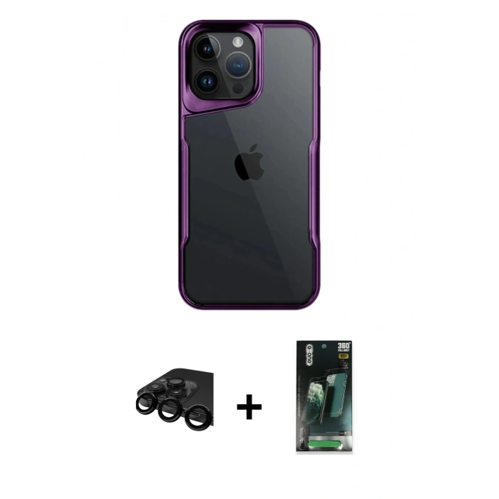MARSİLYAN™- iPhone 15 Pro Max Kılıf Akış Çizgi Koleksiyonu - Siyah 360 Mat Full Body Arka Koruyucu + Raze Metal Kamera Lens - SH