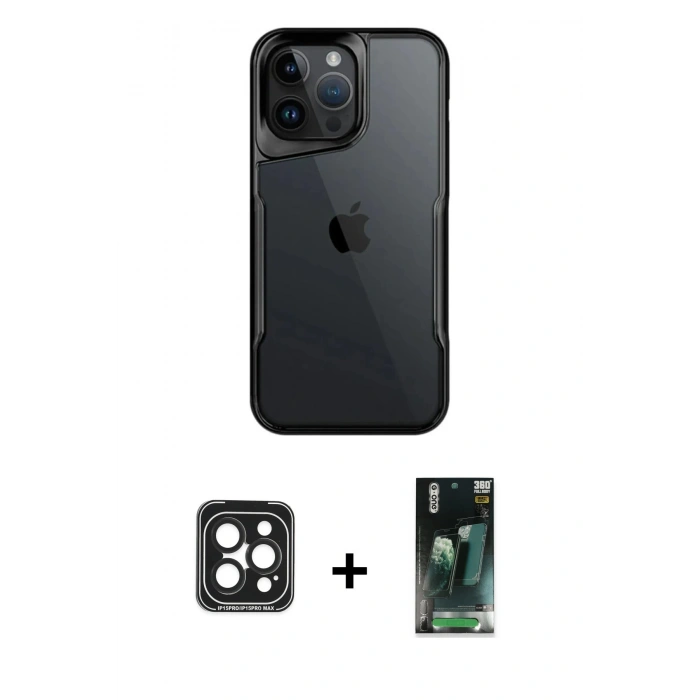 MARSİLYAN™- iPhone 15 Pro Max Kılıf Akış Çizgi Koleksiyonu - Siyah 360 Mat Full Body Arka Koruyucu + PVD Metal Kamera Lens - SH