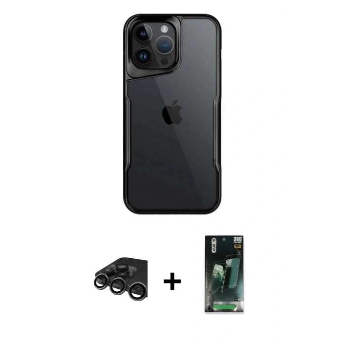 MARSİLYAN™- iPhone 15 Pro Max Kılıf Akış Çizgi Koleksiyonu - Siyah 360 Mat Full Body Arka Koruyucu + Raze Metal Kamera Lens - TMGI