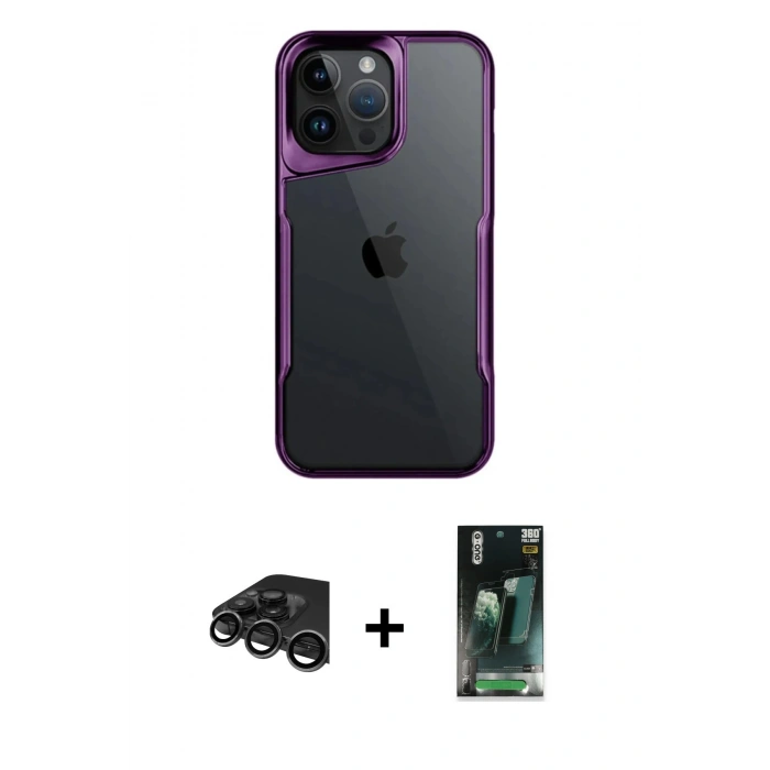 MARSİLYAN™- iPhone 15 Pro Max Kılıf Akış Çizgi Koleksiyonu - Siyah 360 Mat Full Body Arka Koruyucu + Raze Metal Kamera Lens - TMGI