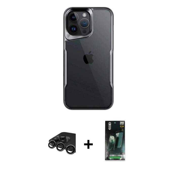MARSİLYAN™- iPhone 15 Pro Max Kılıf Akış Çizgi Koleksiyonu - Siyah 360 Mat Full Body Arka Koruyucu + Raze Metal Kamera Lens - TMGI